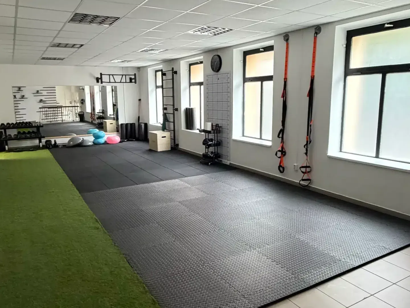 Training area at the Movement Club: artificial turf strip, wall bars and suspension straps